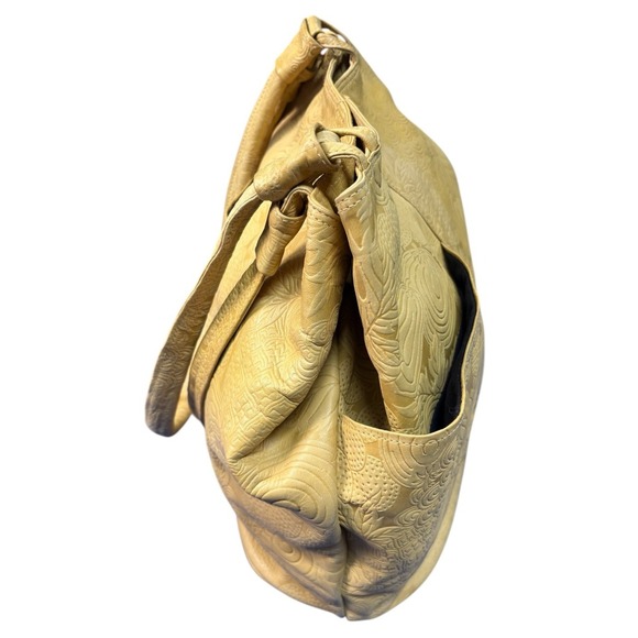 Vintage Baganda Genuine Leather Yellow Gold Embossed Floral Tote Shoulder Bag - Picture 4 of 15